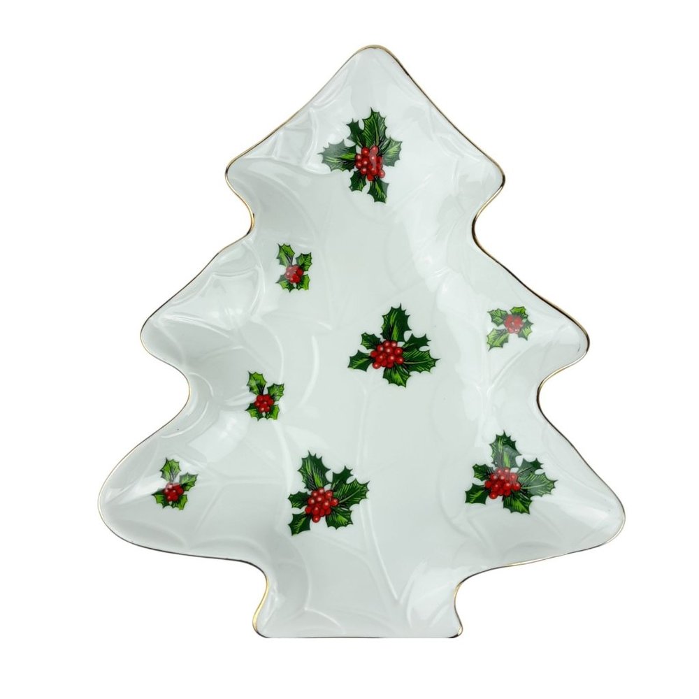 Vintage Lefton Christmas Tree Shape Holly Berry Leaves Candy Bon Bon Dish